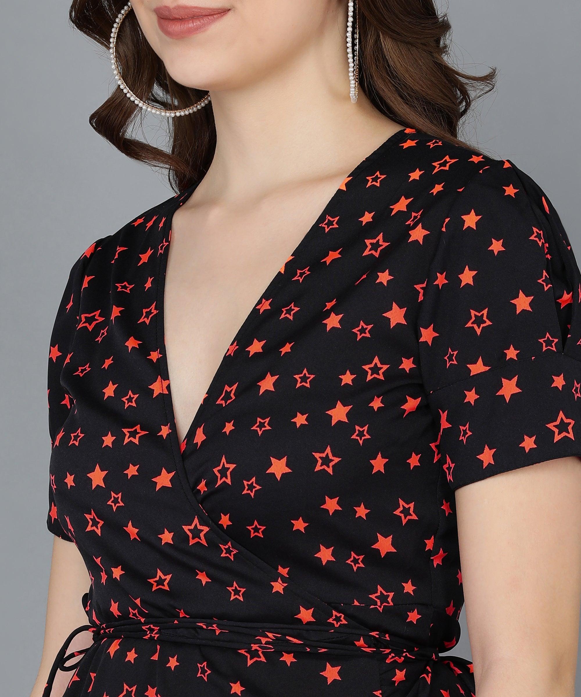 Red Stars Frilled Black Dress - Znxclothing