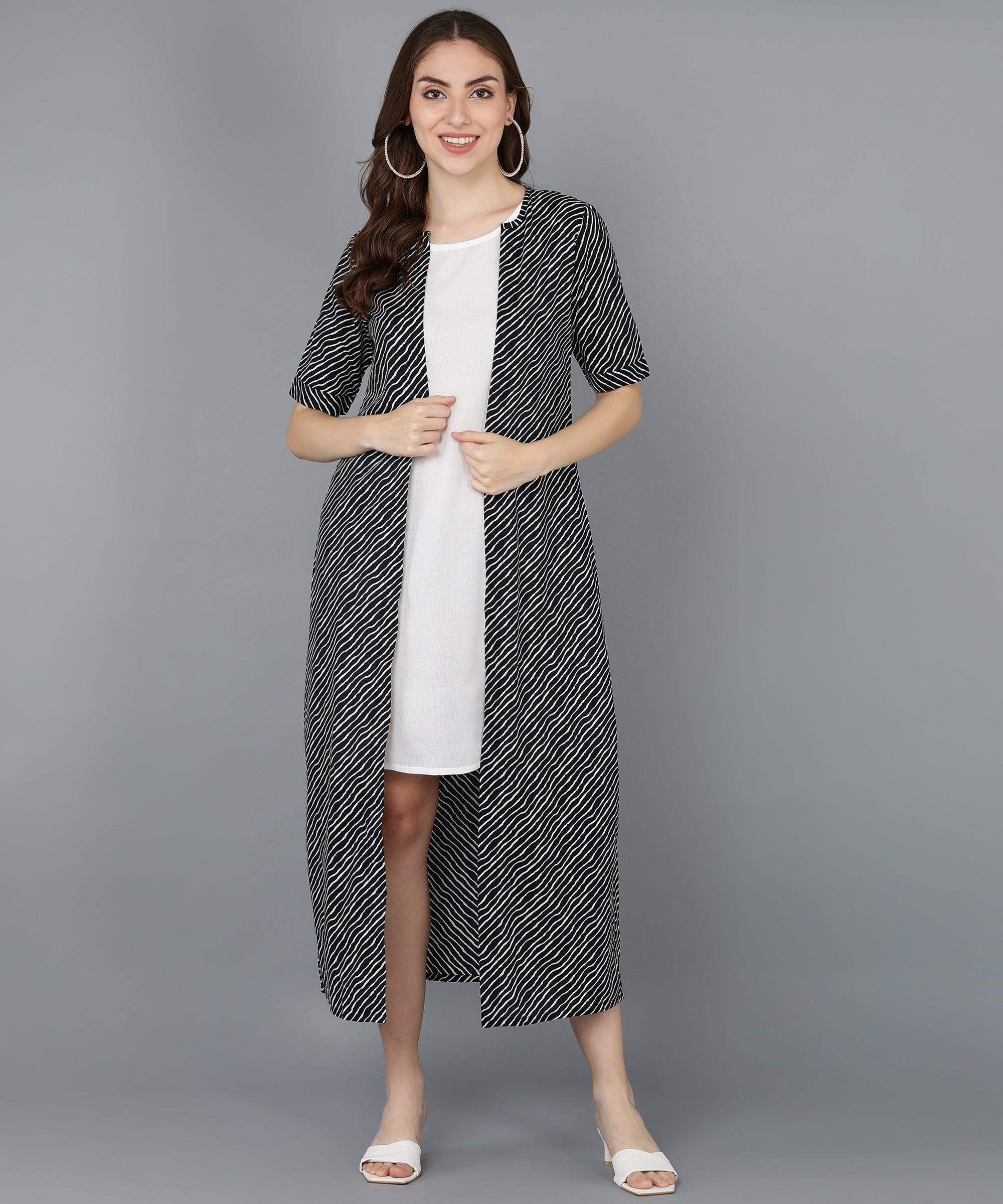 Black Leheriya Printed Jacket With Solid White Dress - Znxclothing