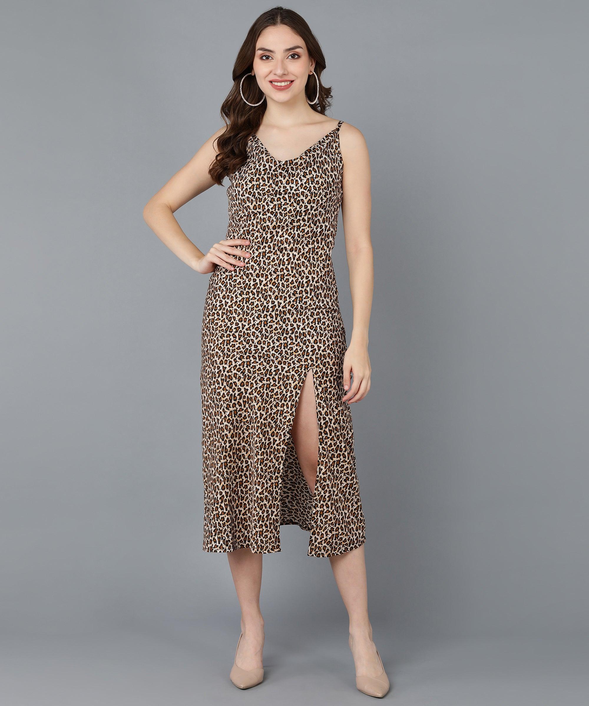 Animal Printed Cowl Neck Brown Sheath Dress - Znxclothing