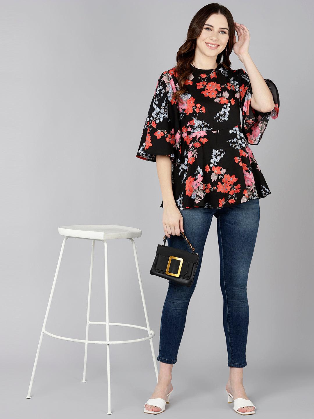 Red Floral Printed black Top - Znxclothing