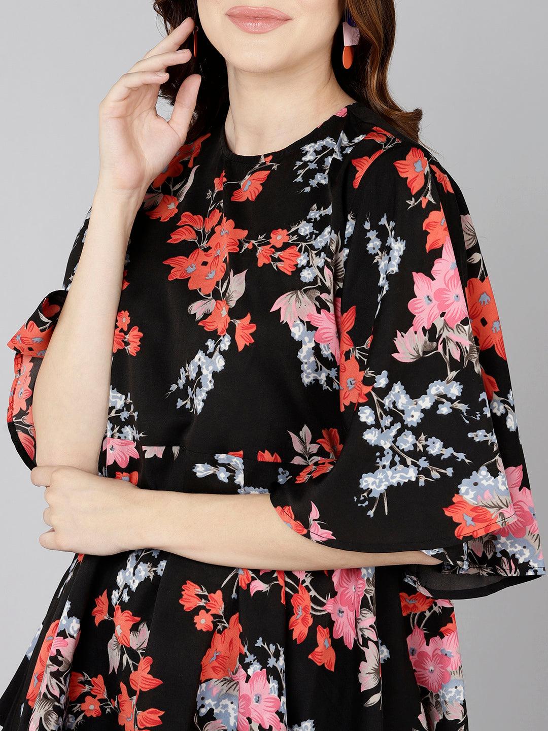 Red Floral Printed black Top - Znxclothing