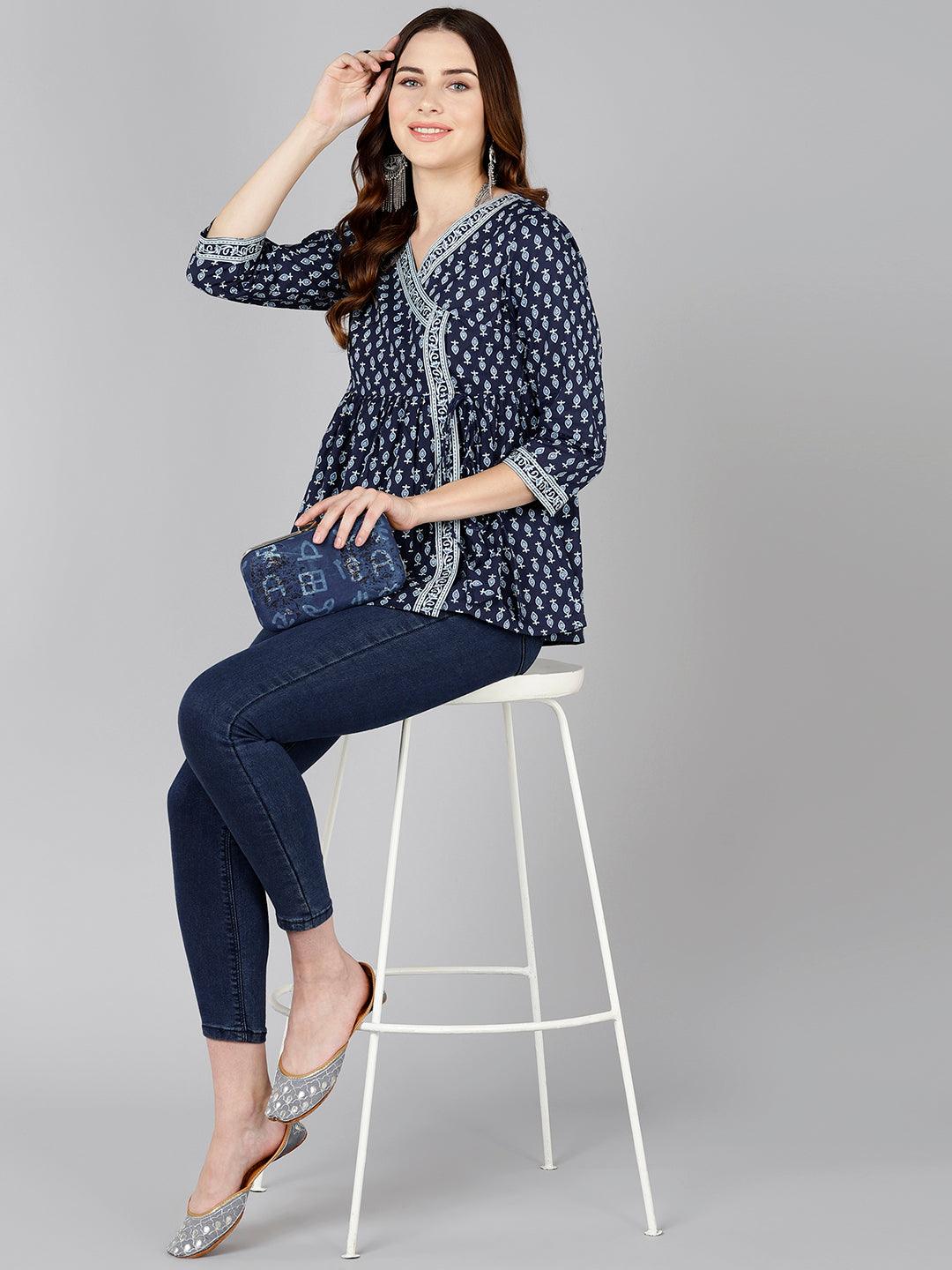 White Printed Blue Angrakha Style Top - Znxclothing