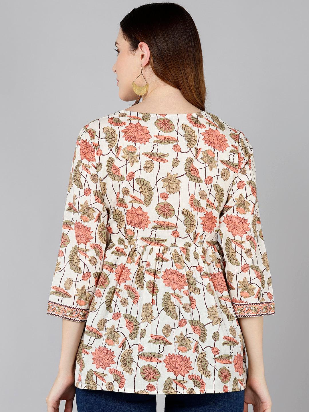 Floral Printed Cream Cotton Top - Znxclothing