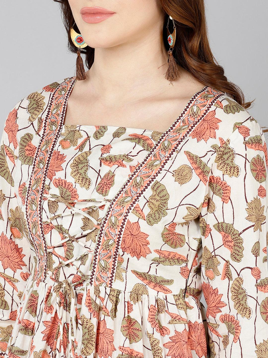 Floral Printed Cream Cotton Top - Znxclothing