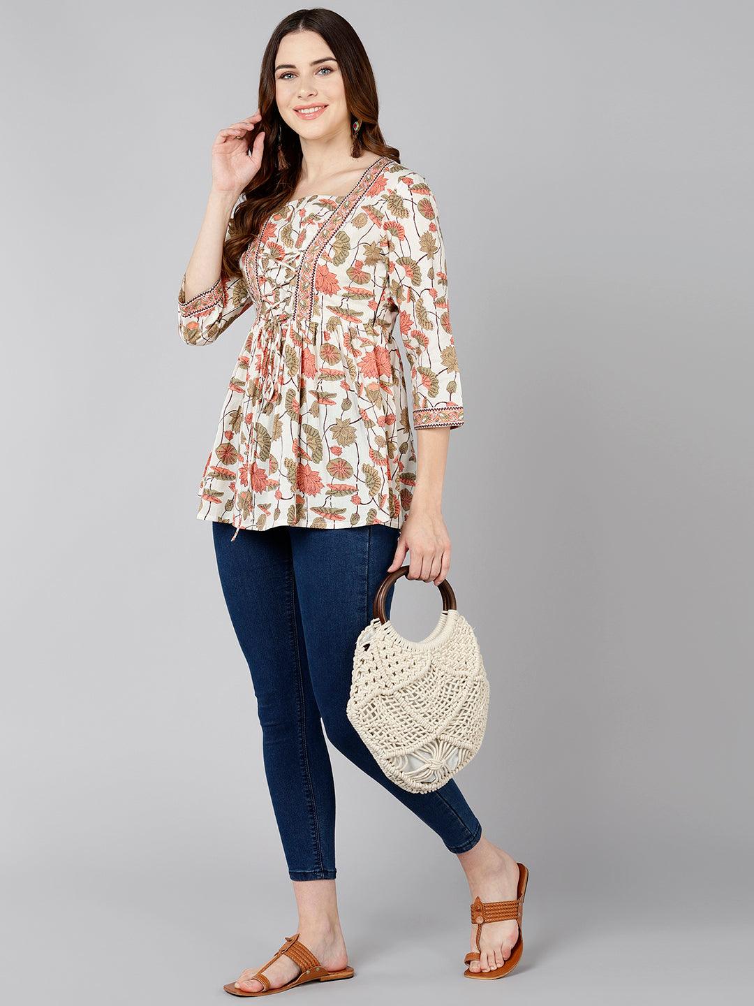 Floral Printed Cream Cotton Top - Znxclothing