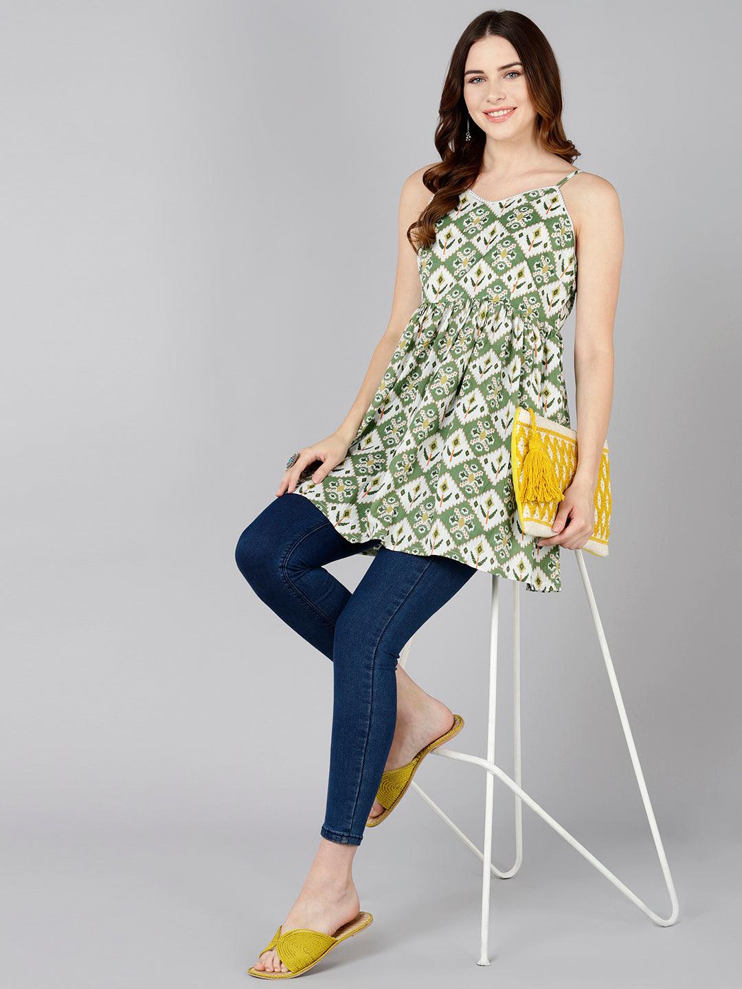 Green Ikat Floral Printed Sleeveless Top - Znxclothing