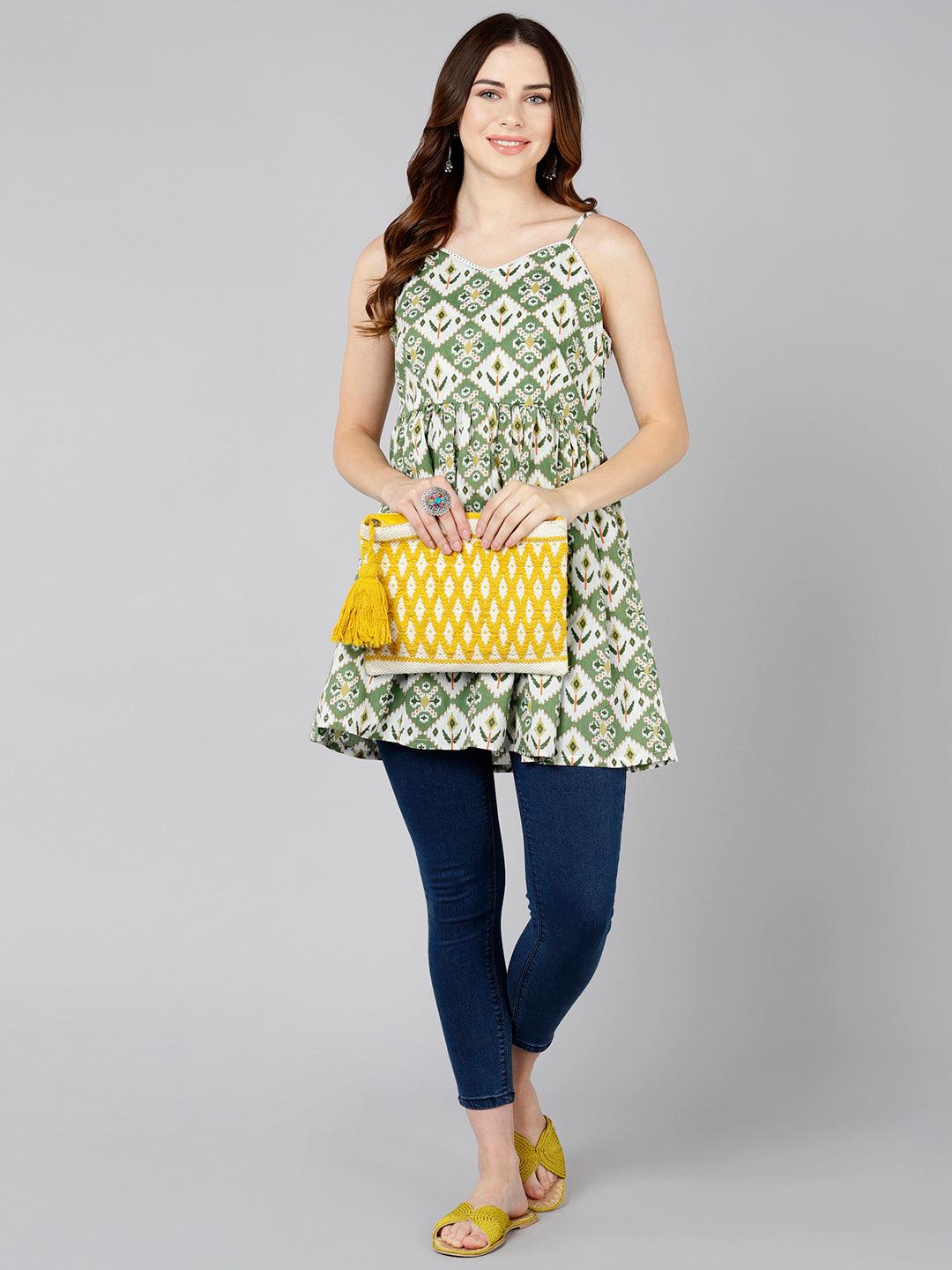Green Ikat Floral Printed Sleeveless Top - Znxclothing