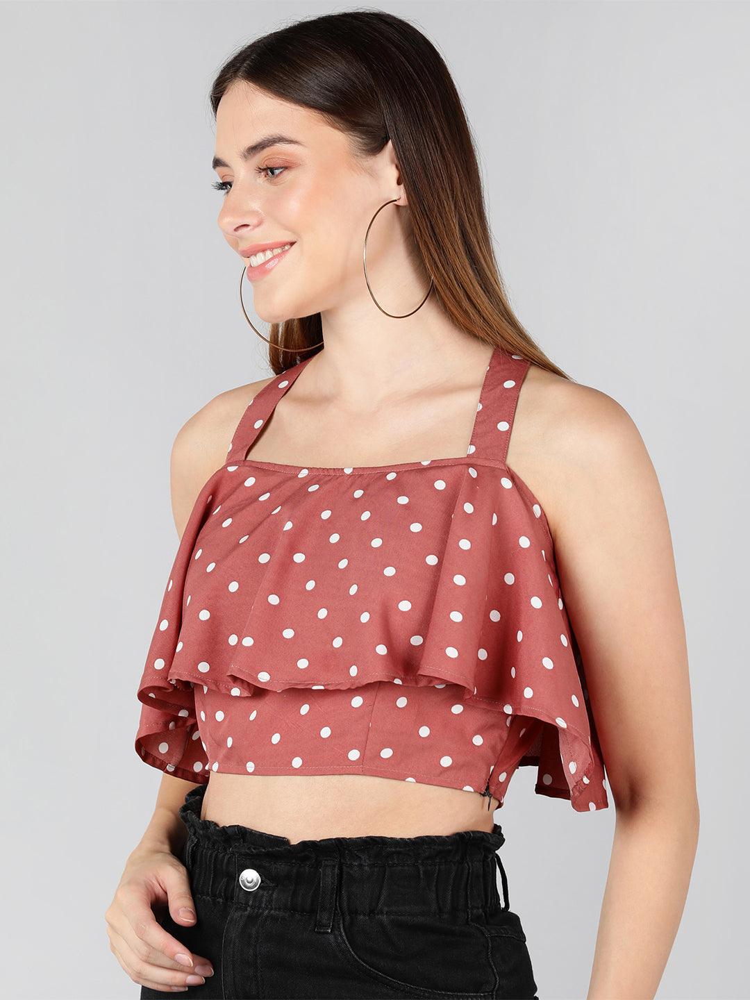 White Polka Dot Printed Pink Crop Top - Znxclothing