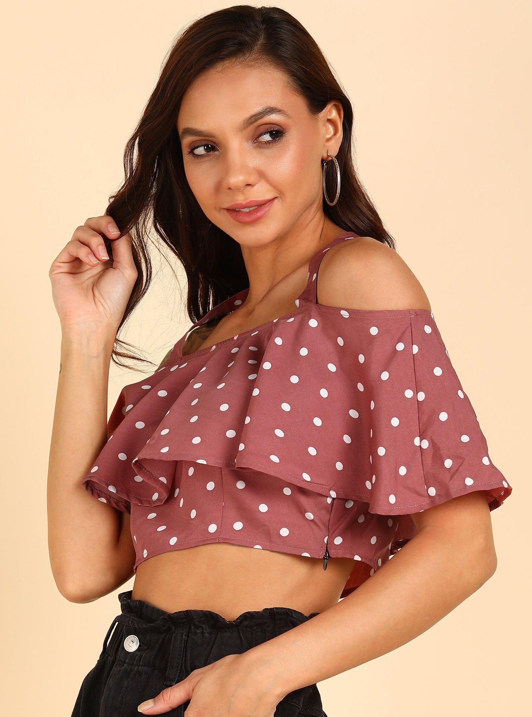 White Polka Dot Printed Pink Crop Top - Znxclothing