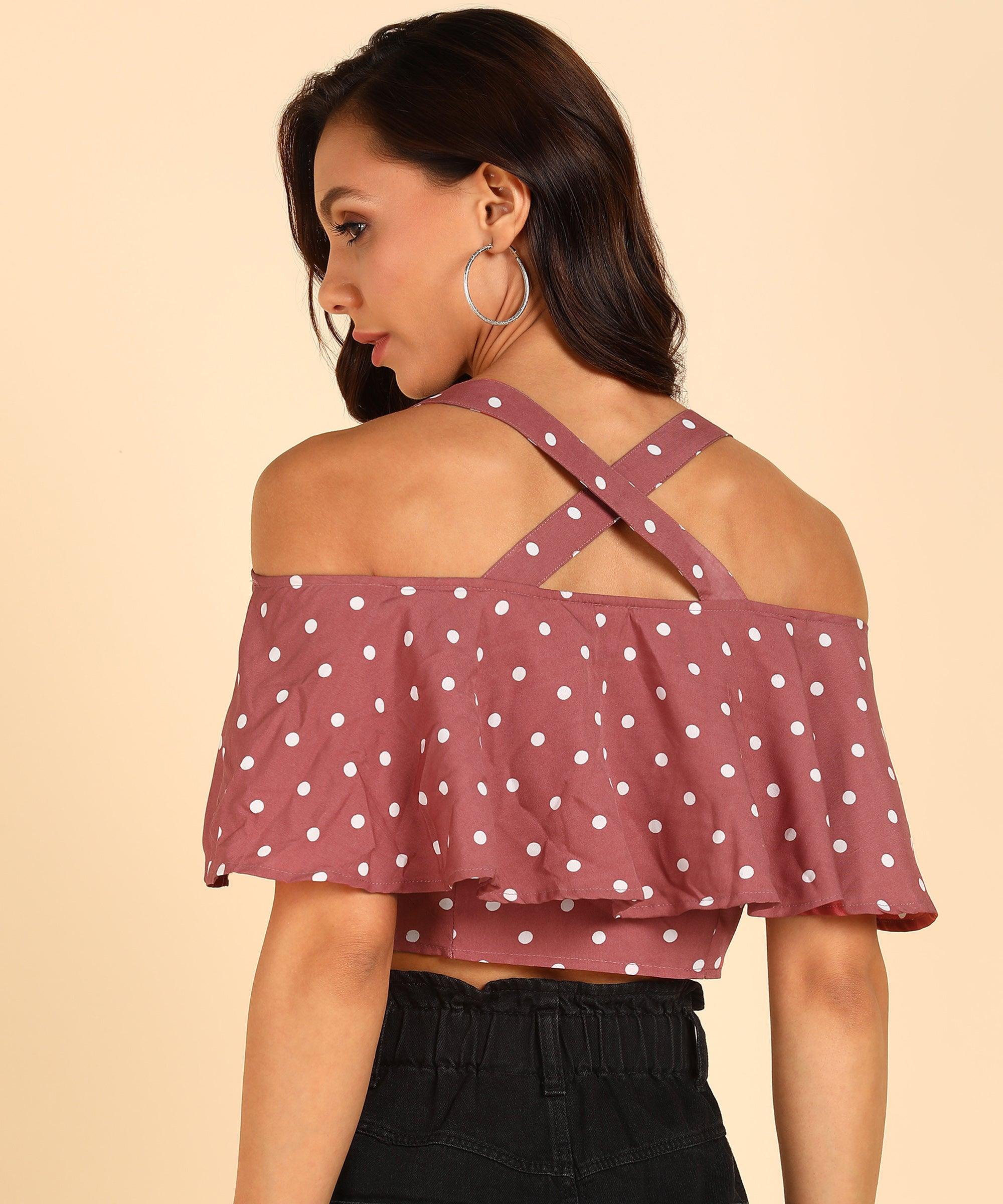 White Polka Dot Printed Pink Crop Top - Znxclothing