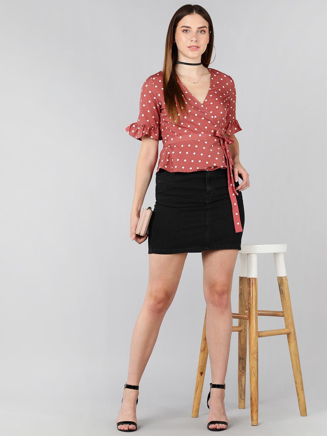 White Polka Dot Printed Pink Wrap Top - Znxclothing