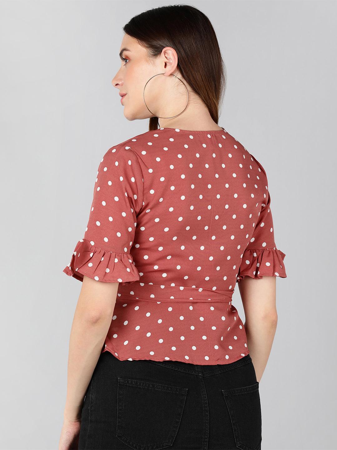 White Polka Dot Printed Pink Wrap Top - Znxclothing