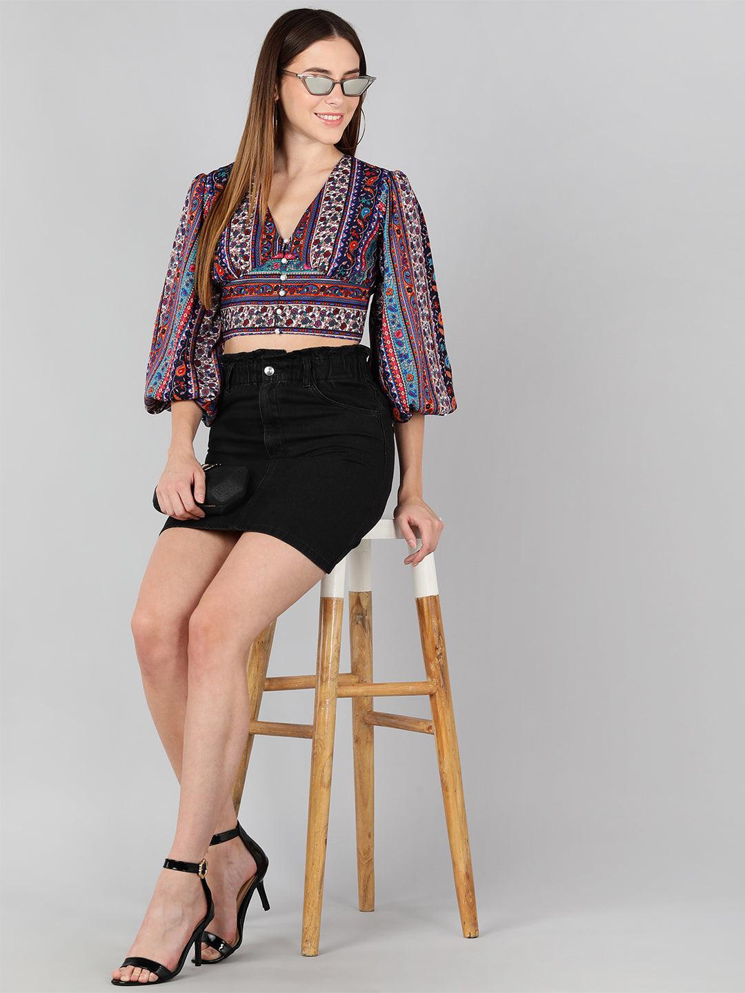 Multicolor Printed Crepe Crop Top - Znxclothing