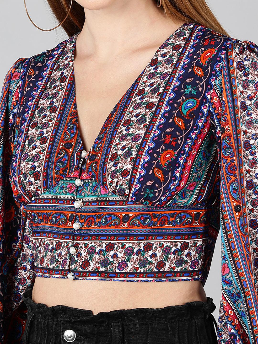 Multicolor Printed Crepe Crop Top - Znxclothing