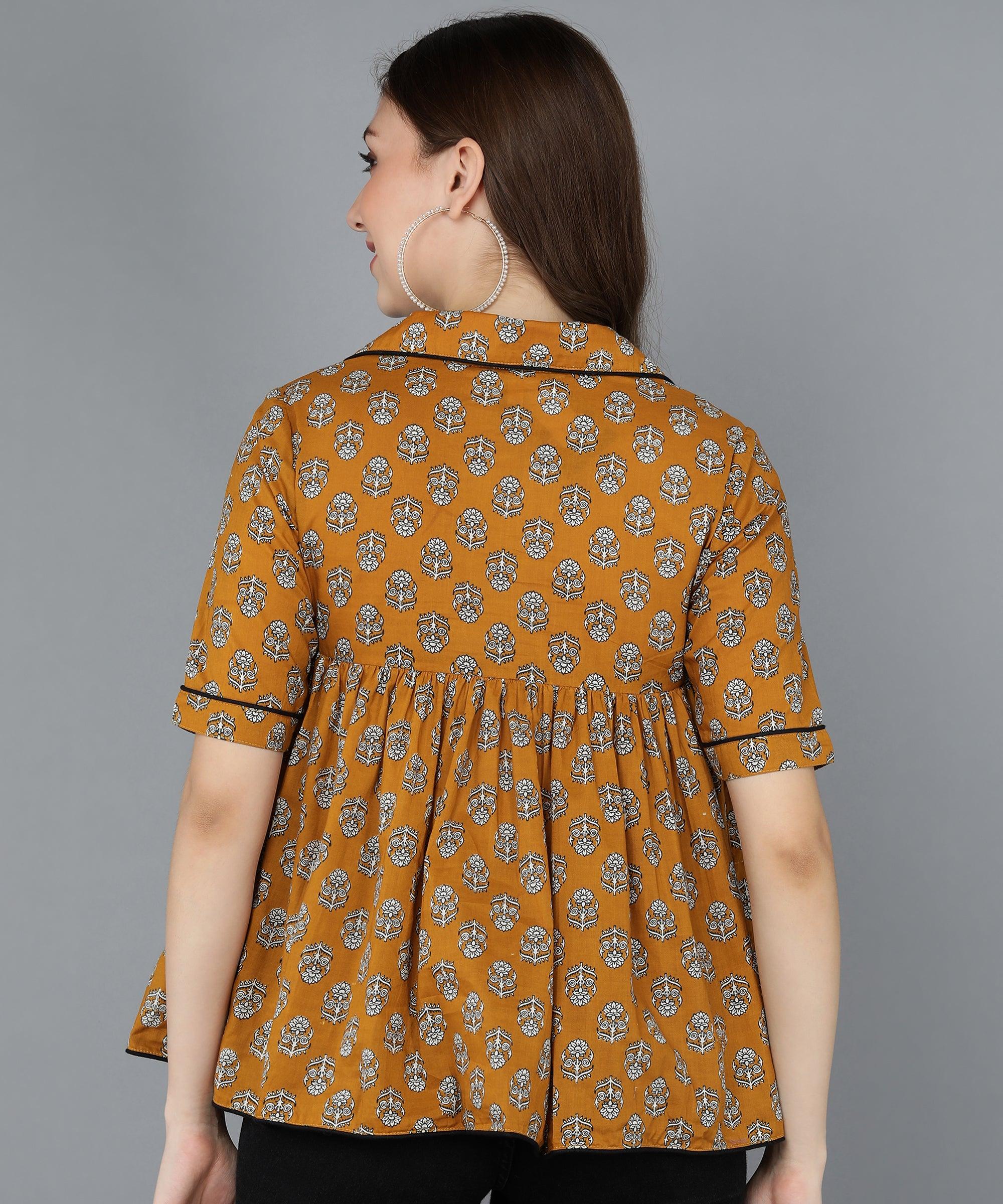 Floral Printed Mustard Top - Znxclothing