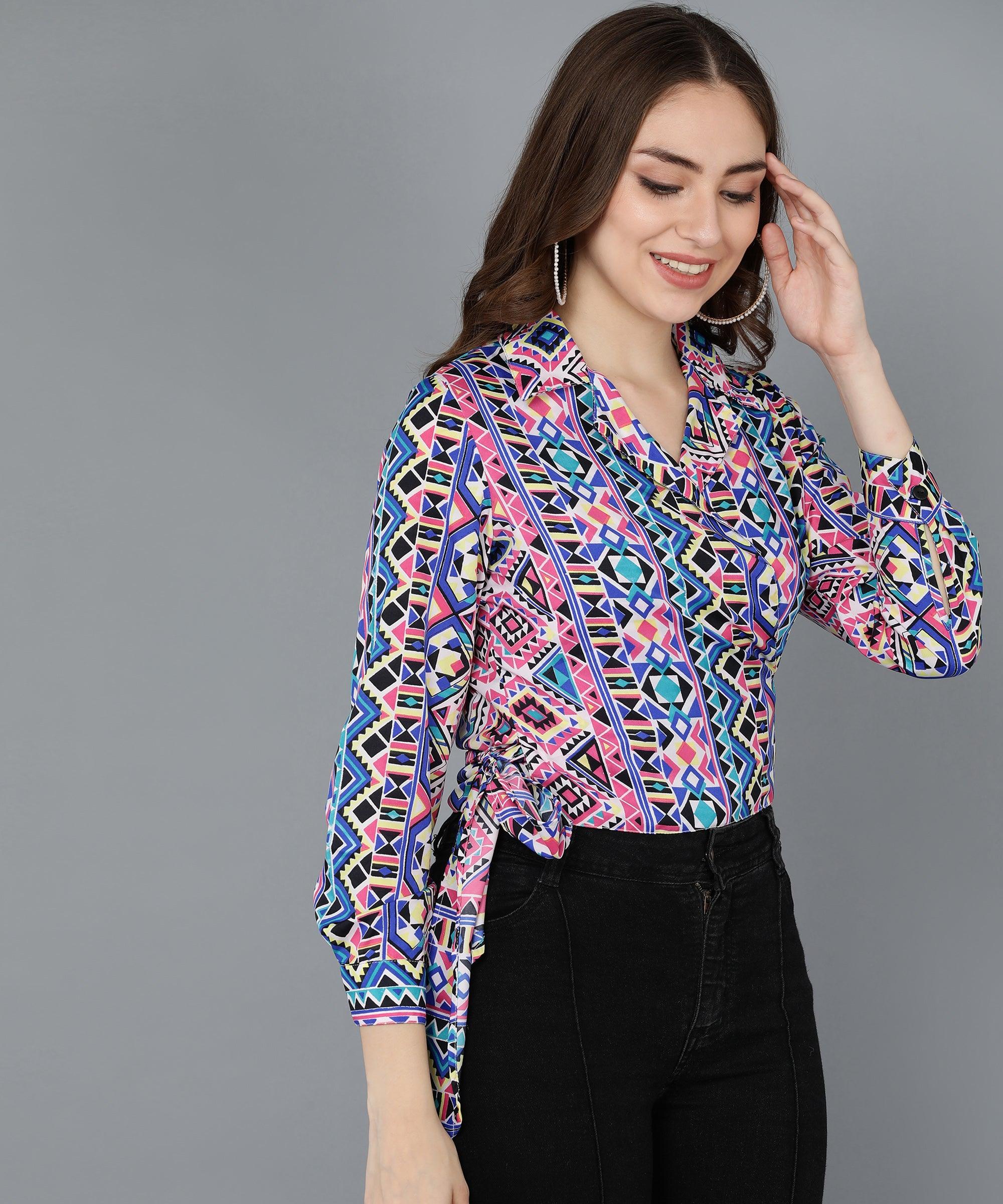 Geometrical Printed Multicolor Wrap Top - Znxclothing