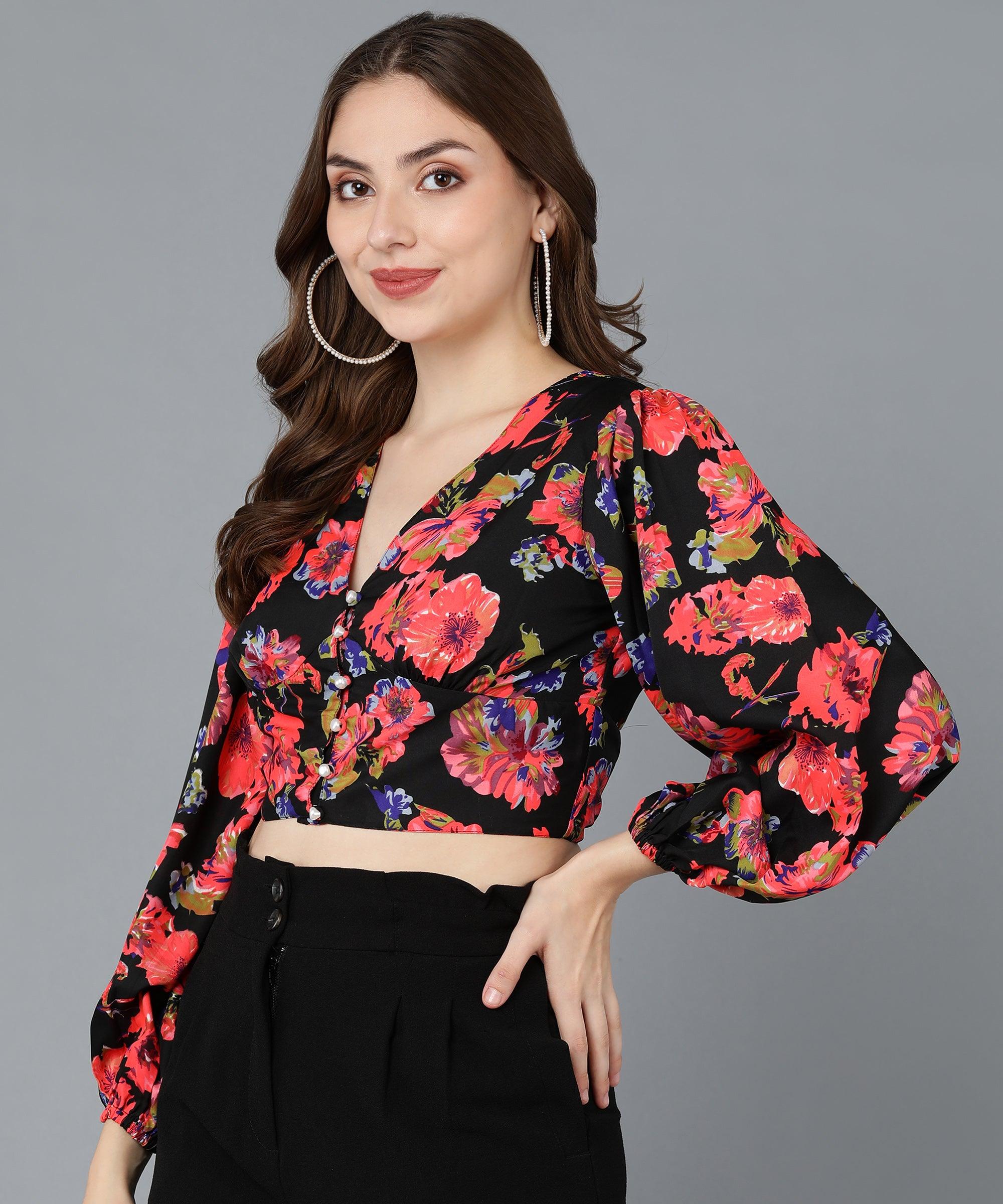 Red Floral Printed Black Crop Top - Znxclothing