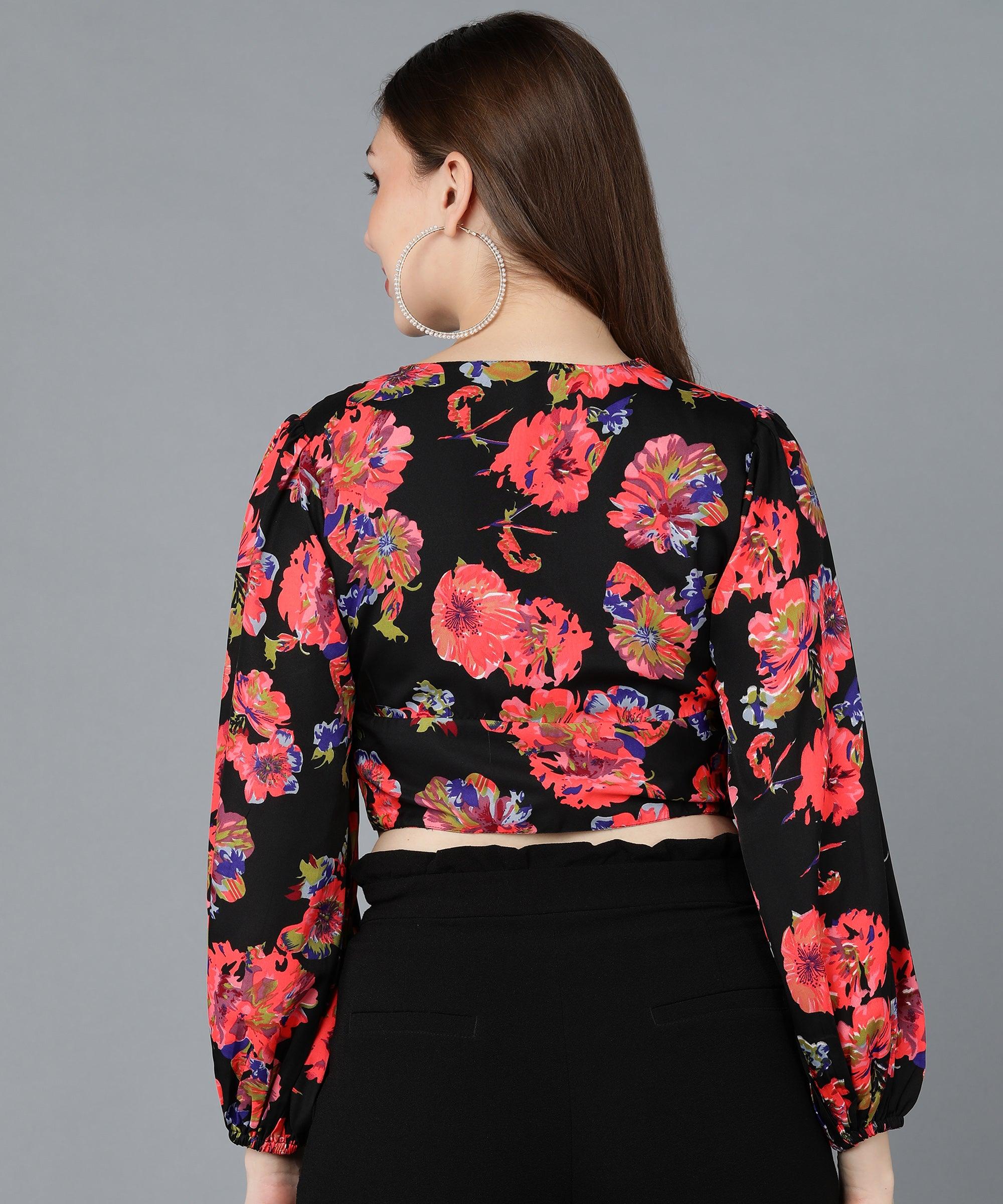 Red Floral Printed Black Crop Top - Znxclothing