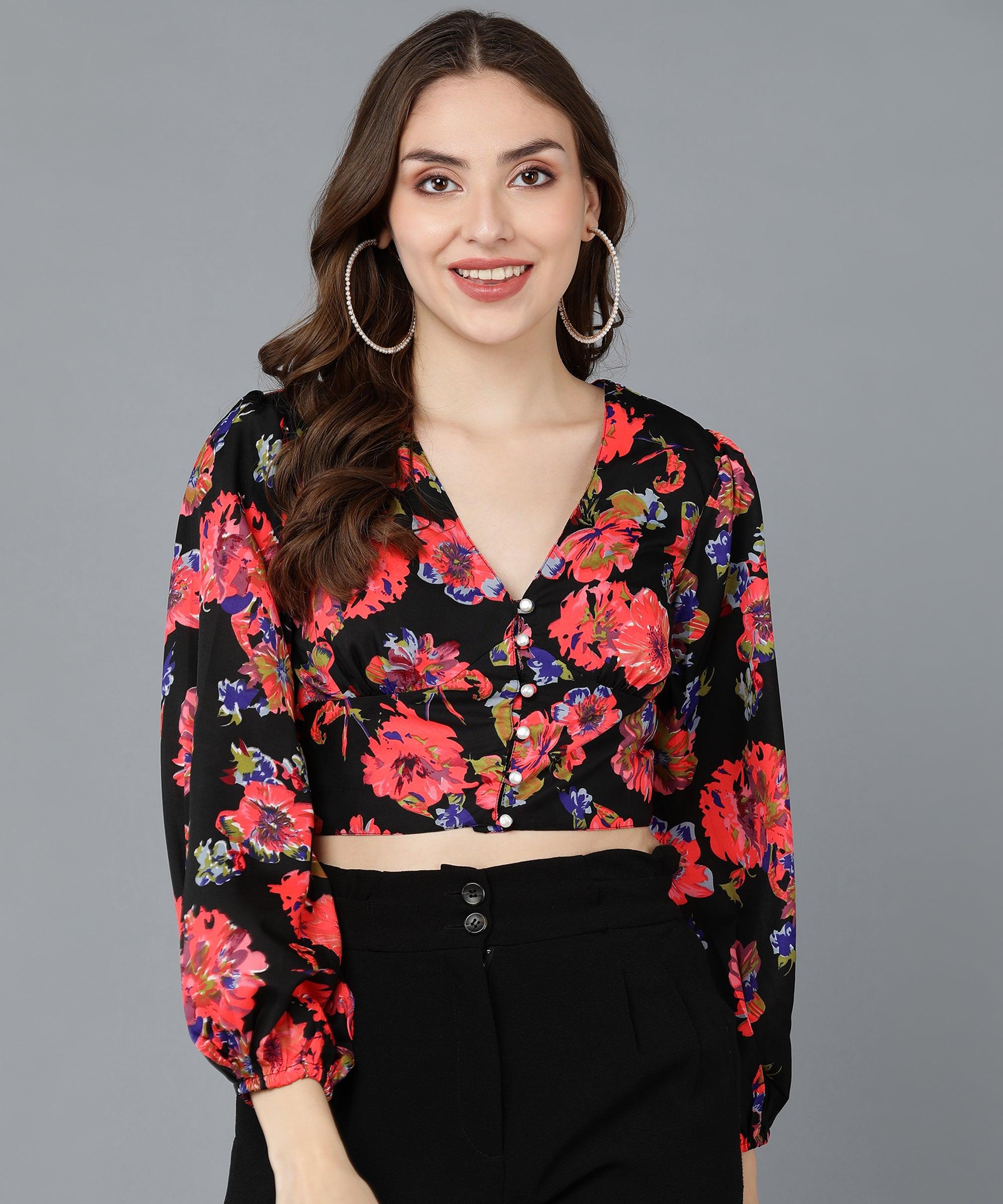 Red Floral Printed Black Crop Top - Znxclothing