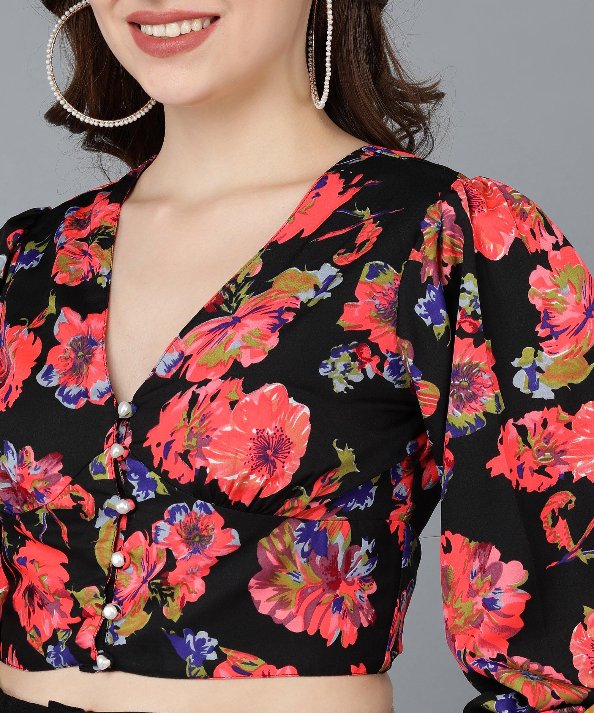 Red Floral Printed Black Crop Top - Znxclothing