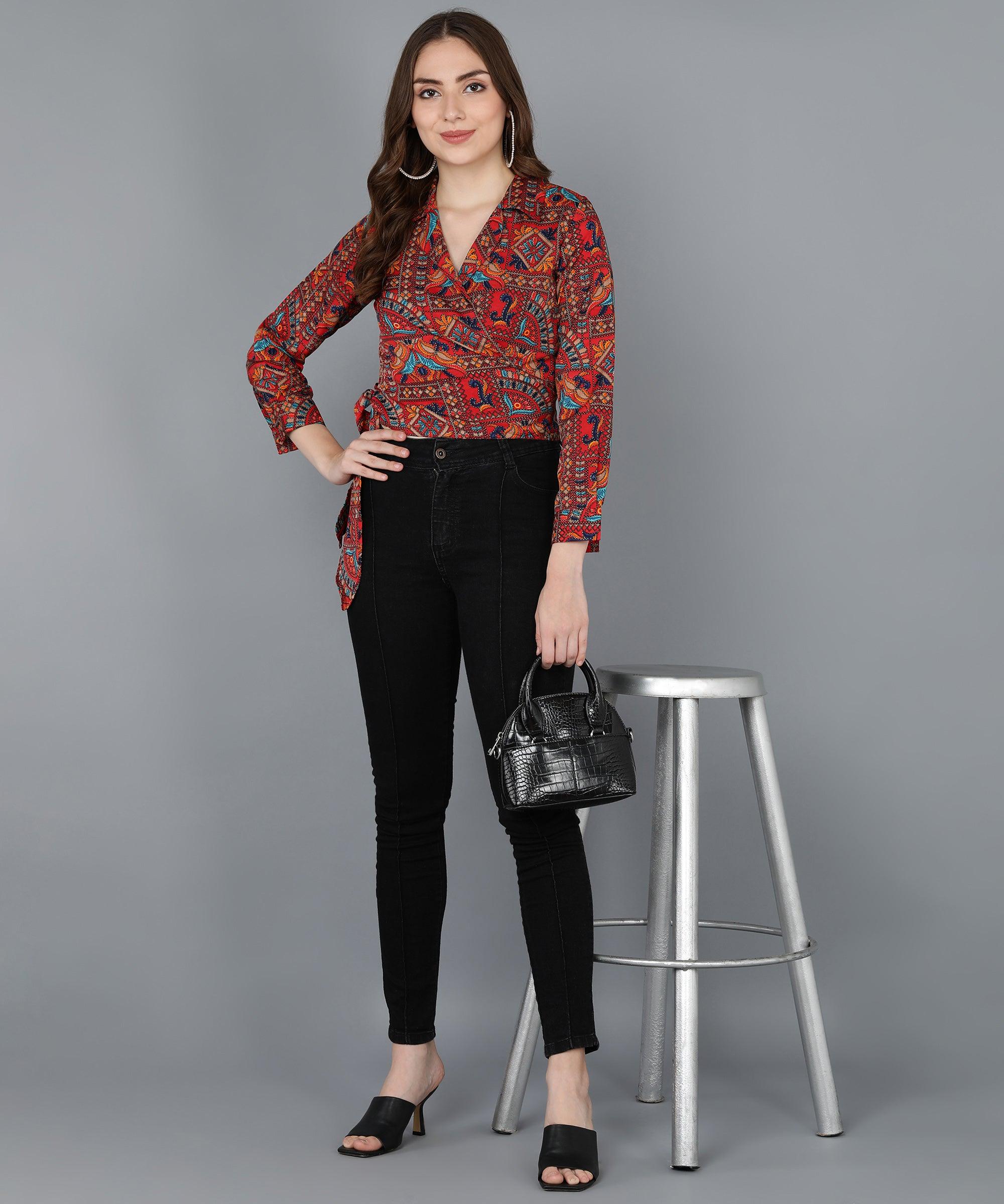 Ethnic Print Printed Red Wrap Top - Znxclothing
