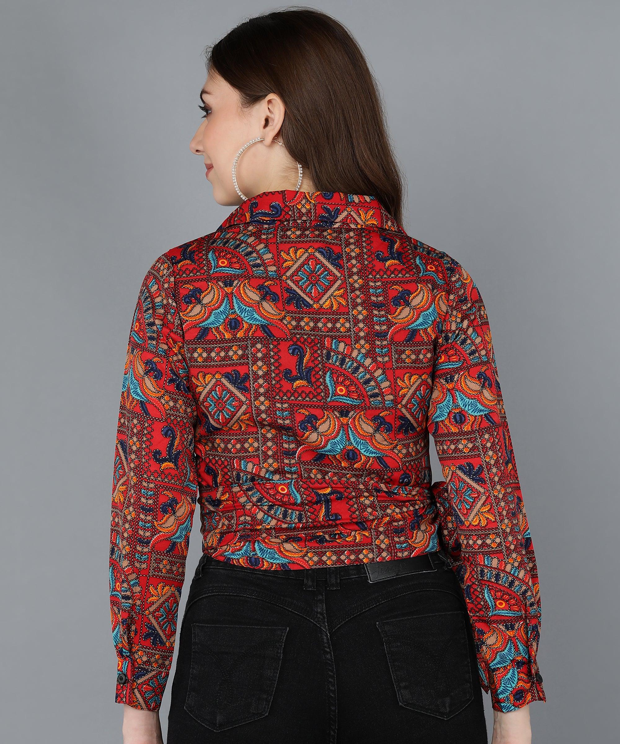 Ethnic Print Printed Red Wrap Top - Znxclothing