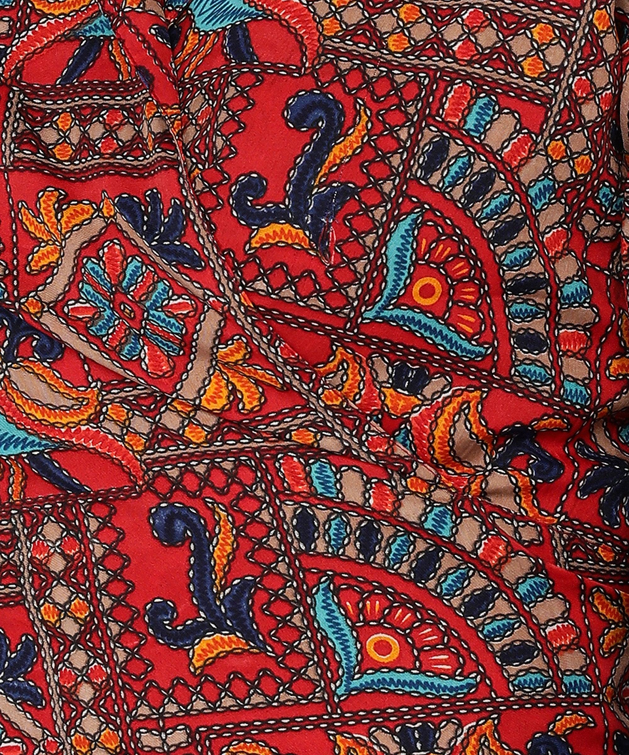 Ethnic Print Printed Red Wrap Top - Znxclothing