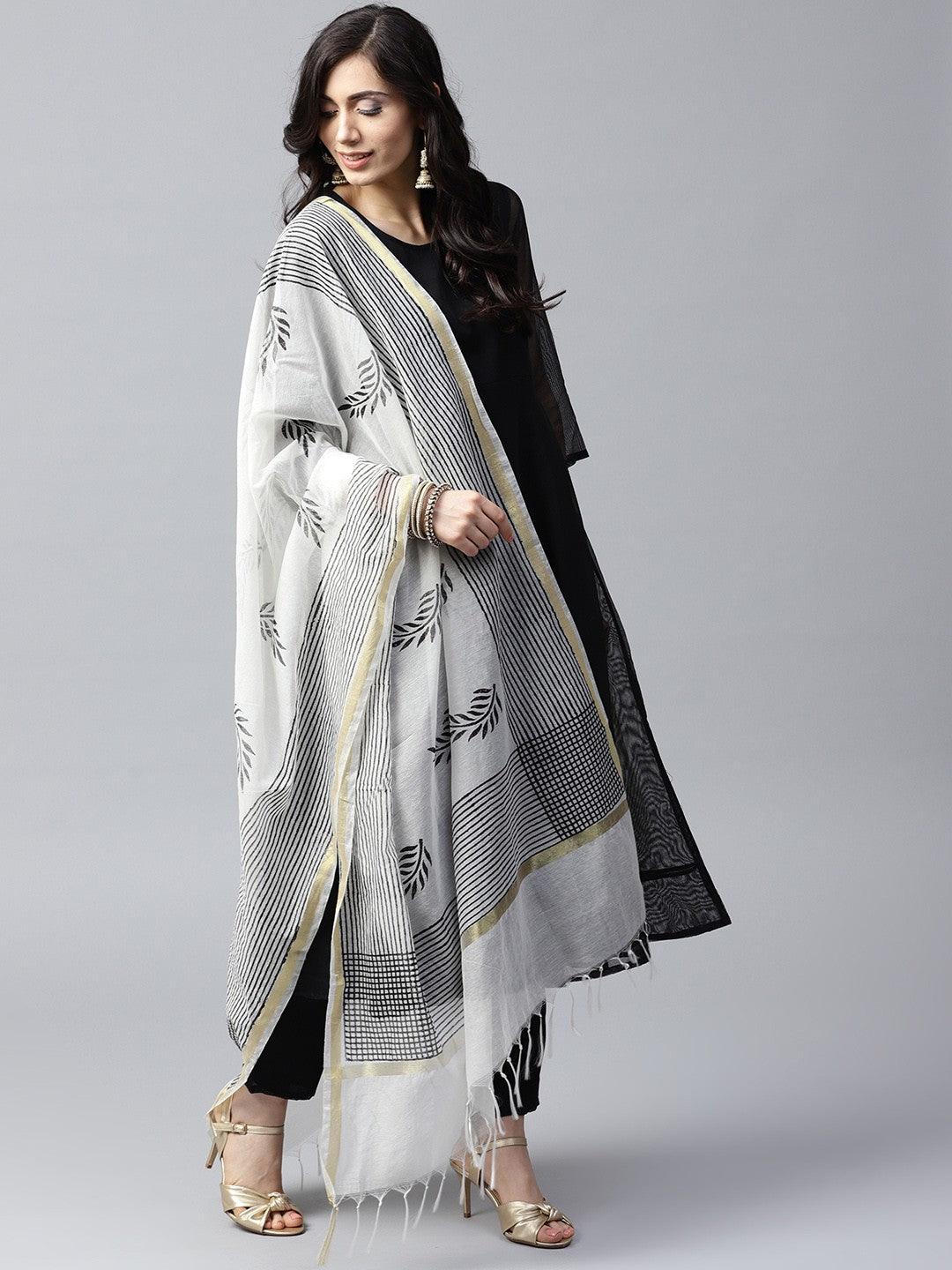 White & Black Hand Block Printed Dupatta - Znxclothing