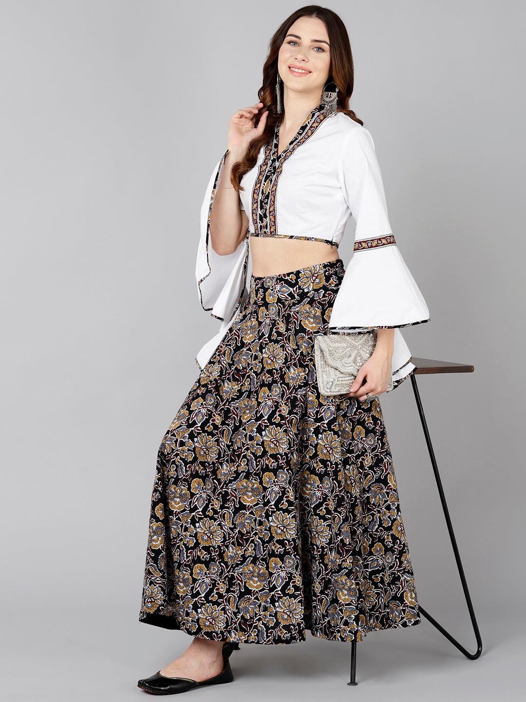 Designer White Crop Top With Floral Printed Skirt - Znxclothing