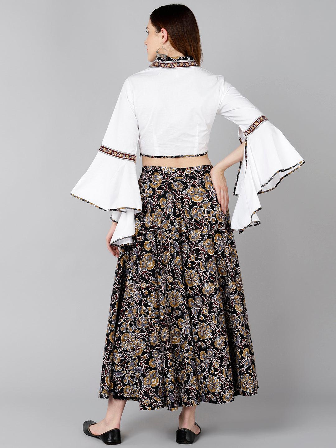 Designer White Crop Top With Floral Printed Skirt - Znxclothing