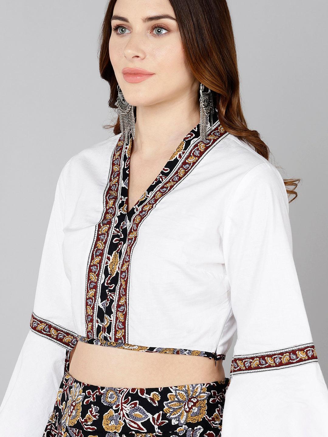 Designer White Crop Top With Floral Printed Skirt - Znxclothing