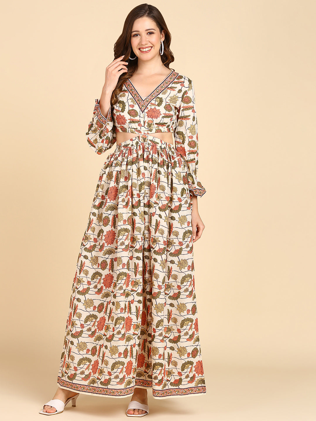 Floral Printed Cream Waist Cut-Out Maxi Dress Dress