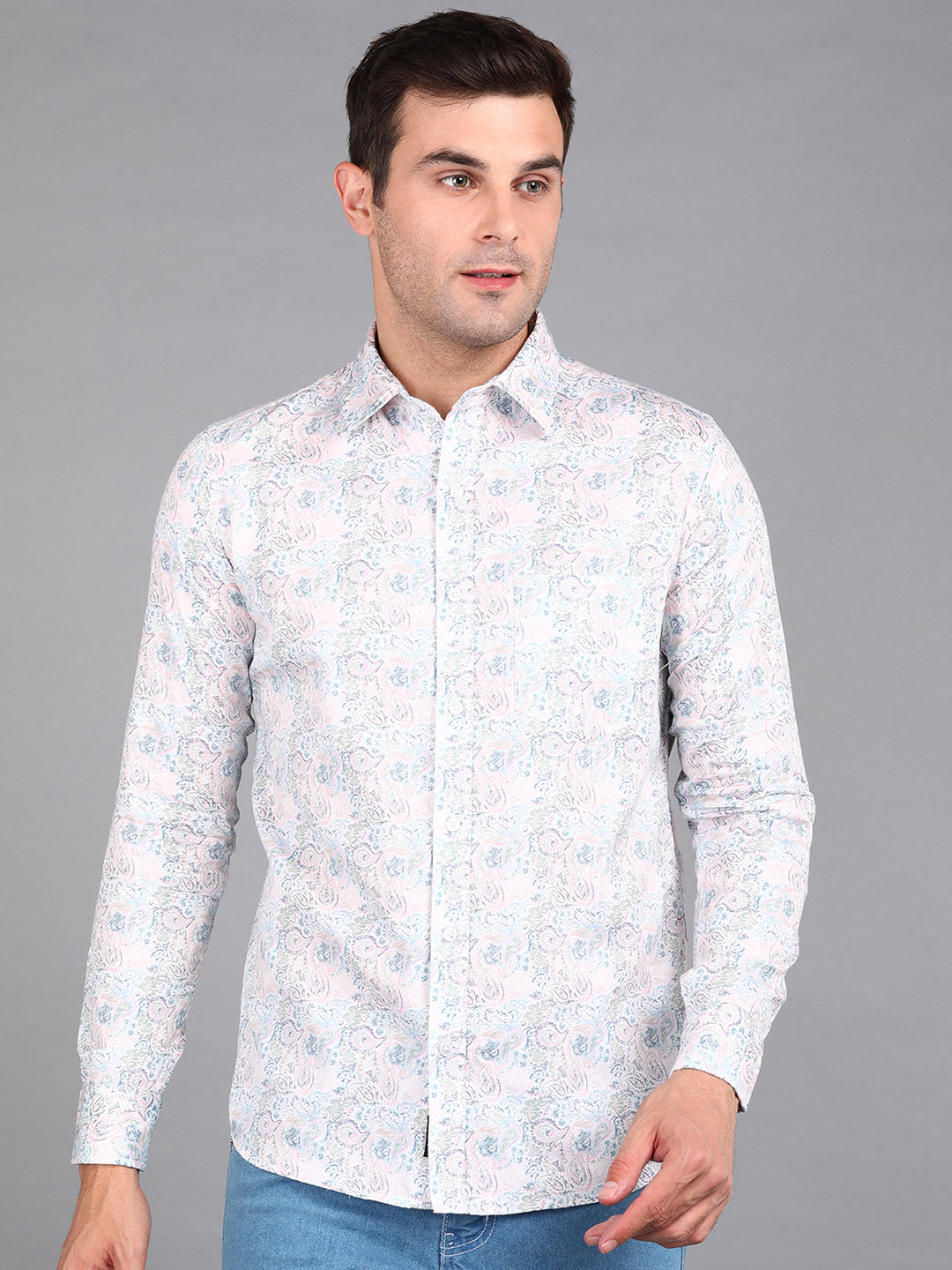 Light Pink Floral Printed Off White Slim Fit Shirt