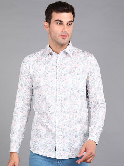 Light Pink Floral Printed Off White Slim Fit Shirt