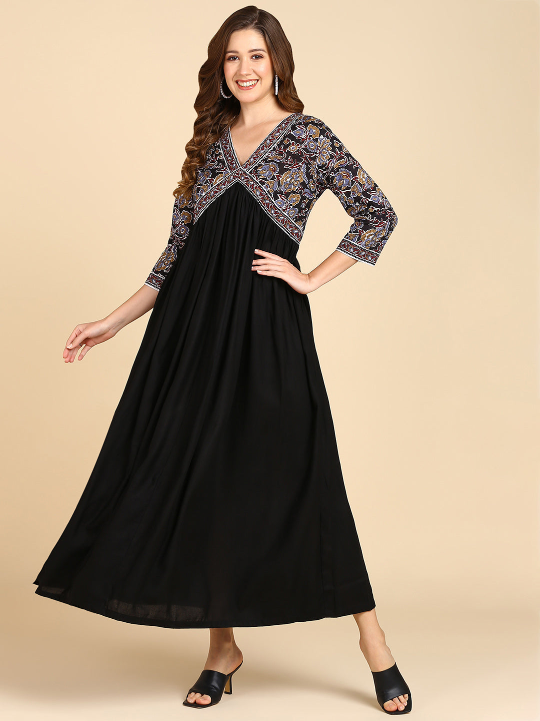 Black Floral Flared Maxi Dress With Border Details