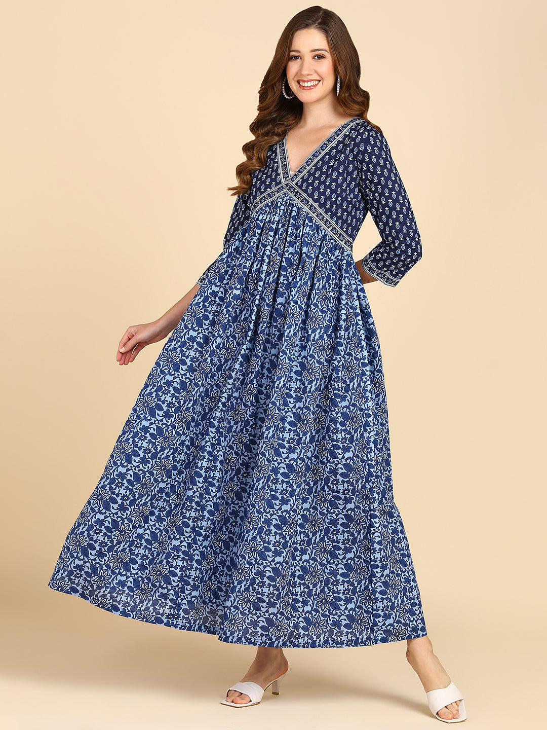 Indigo Blue Floral Maxi Dress With Border Details