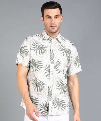 Leaf Printed Off White Half Slim Fit Shirt
