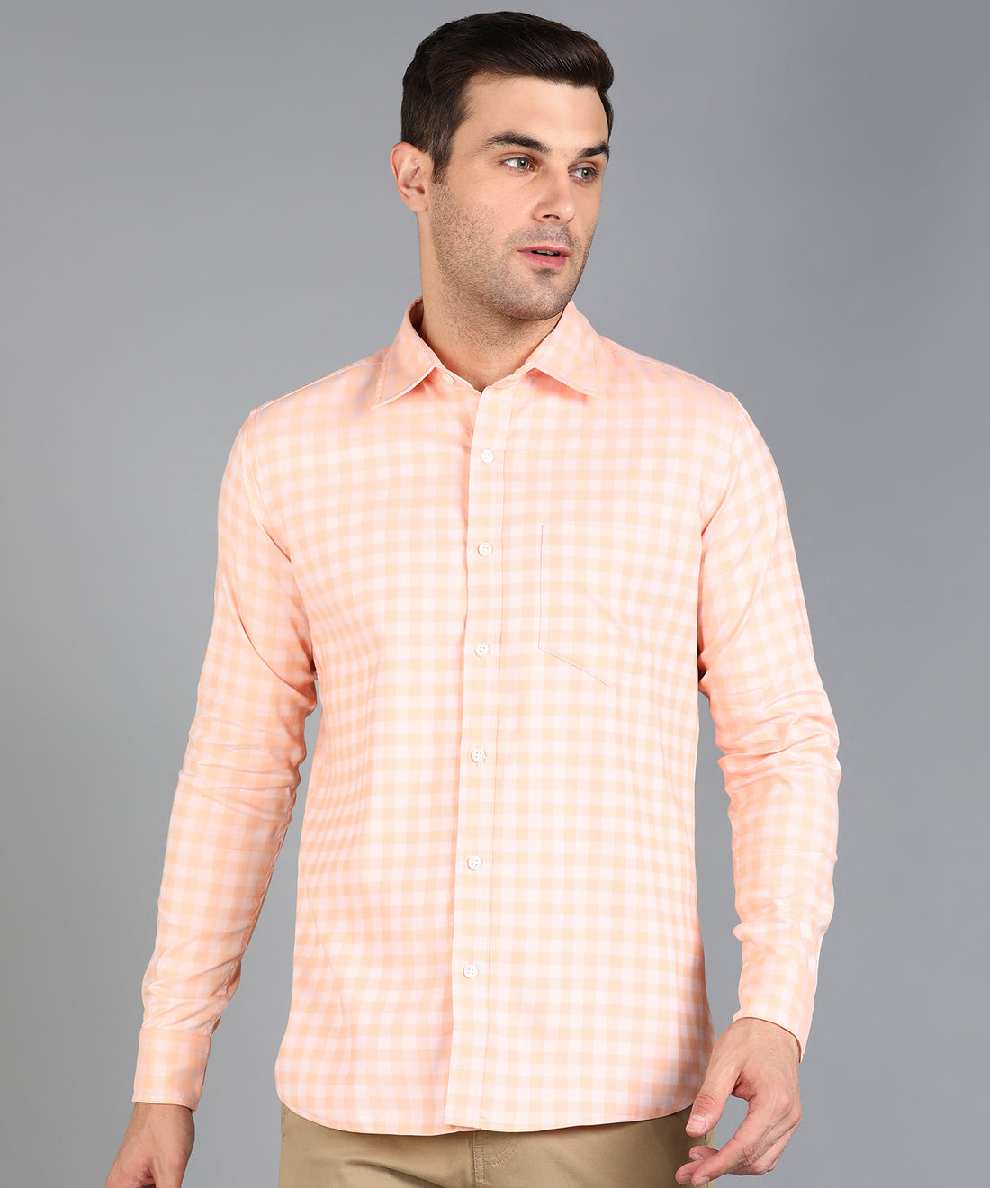 Peach Checked Slim Fit Shirt