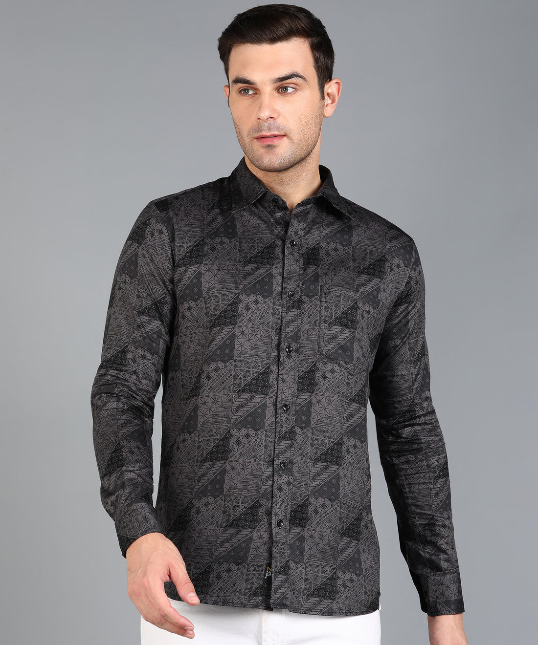 Black Geomatric Printed Grey Slim Fit Shirt