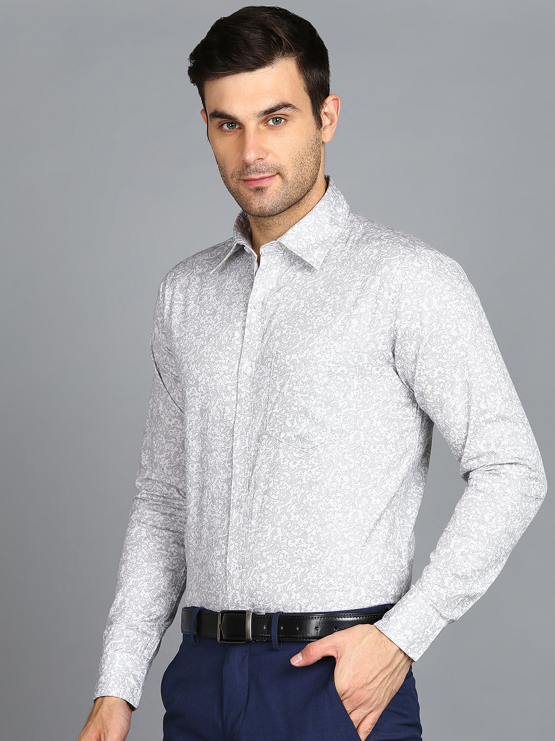Grey Leaf &amp; Floral Printed Slim Fit Shirt