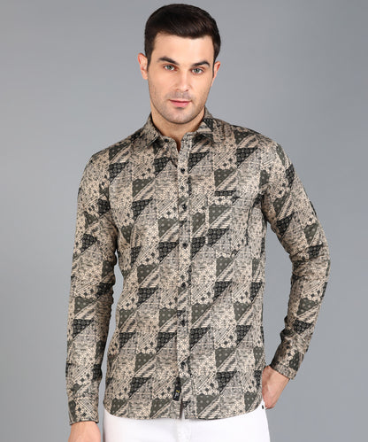 Black Geomatric Printed Beige Slim Fit Shirt