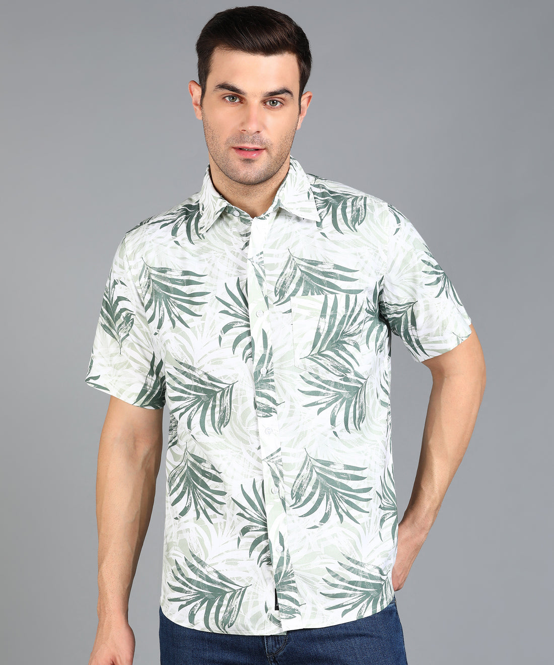 Green Leaf Printed Half Slim Fit Shirt