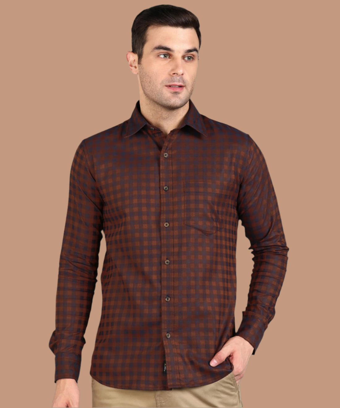 Brown &amp; Blue Checked Slim Fit Shirt