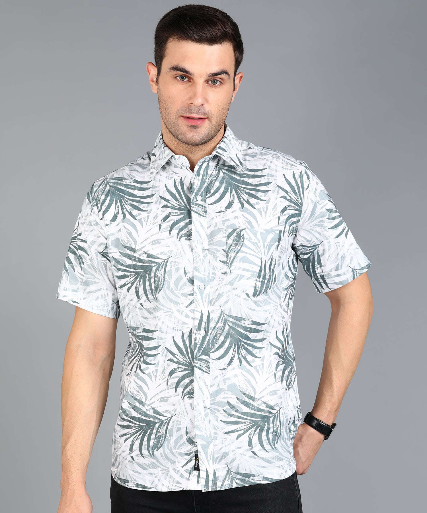 Grey Leaf Printed Half Slim Fit Shirt