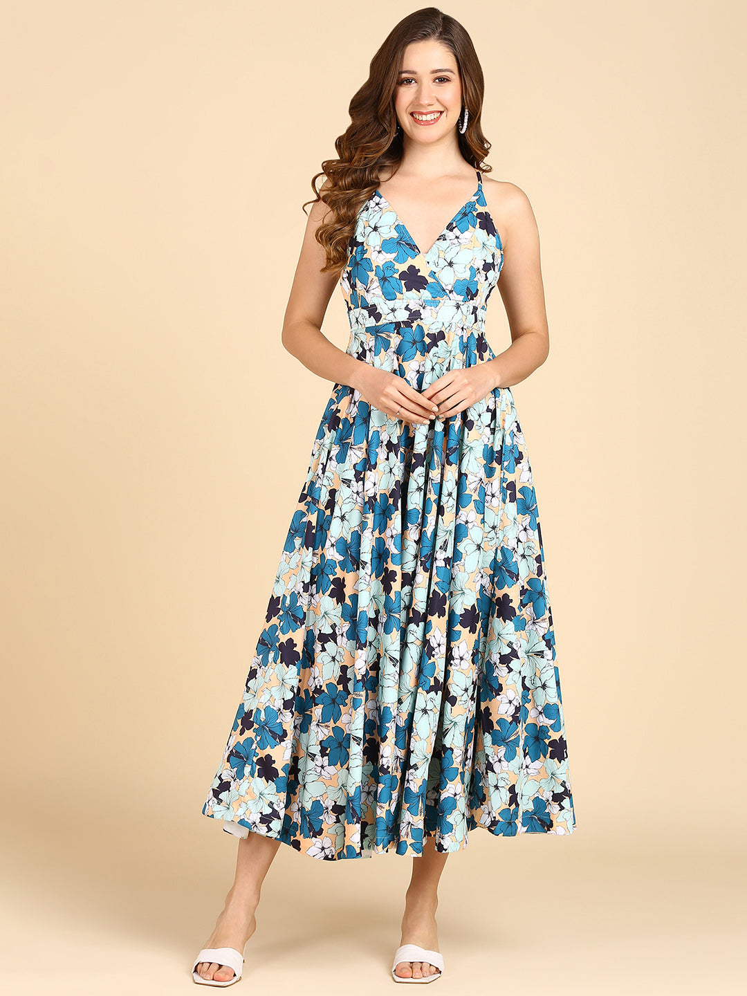 Green &amp; Blue Floral Printed flared Dress