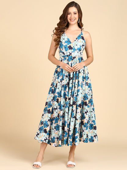 Green &amp; Blue Floral Printed flared Dress