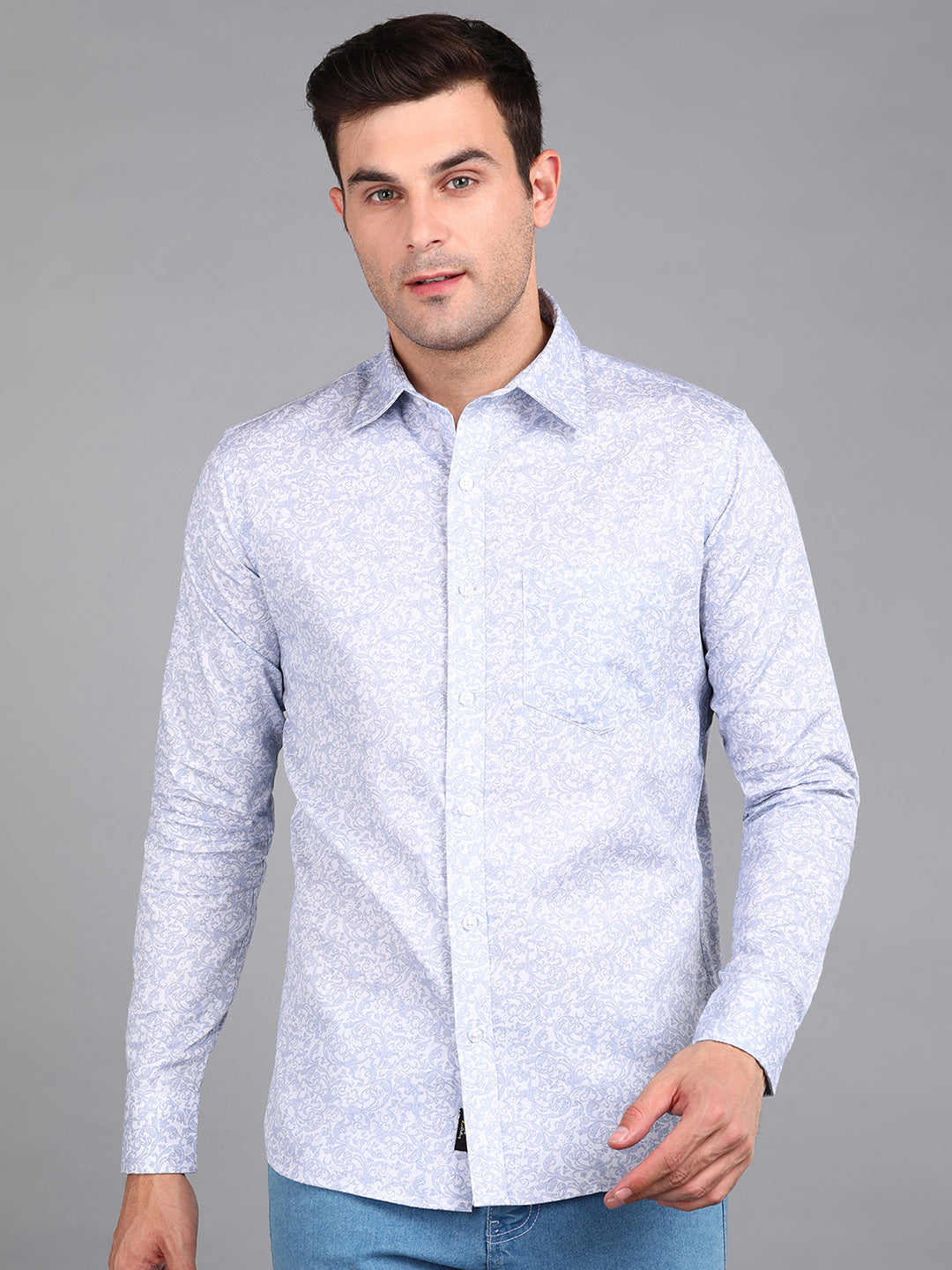 Blue Leaf &amp; Floral Printed Slim Fit Shirt