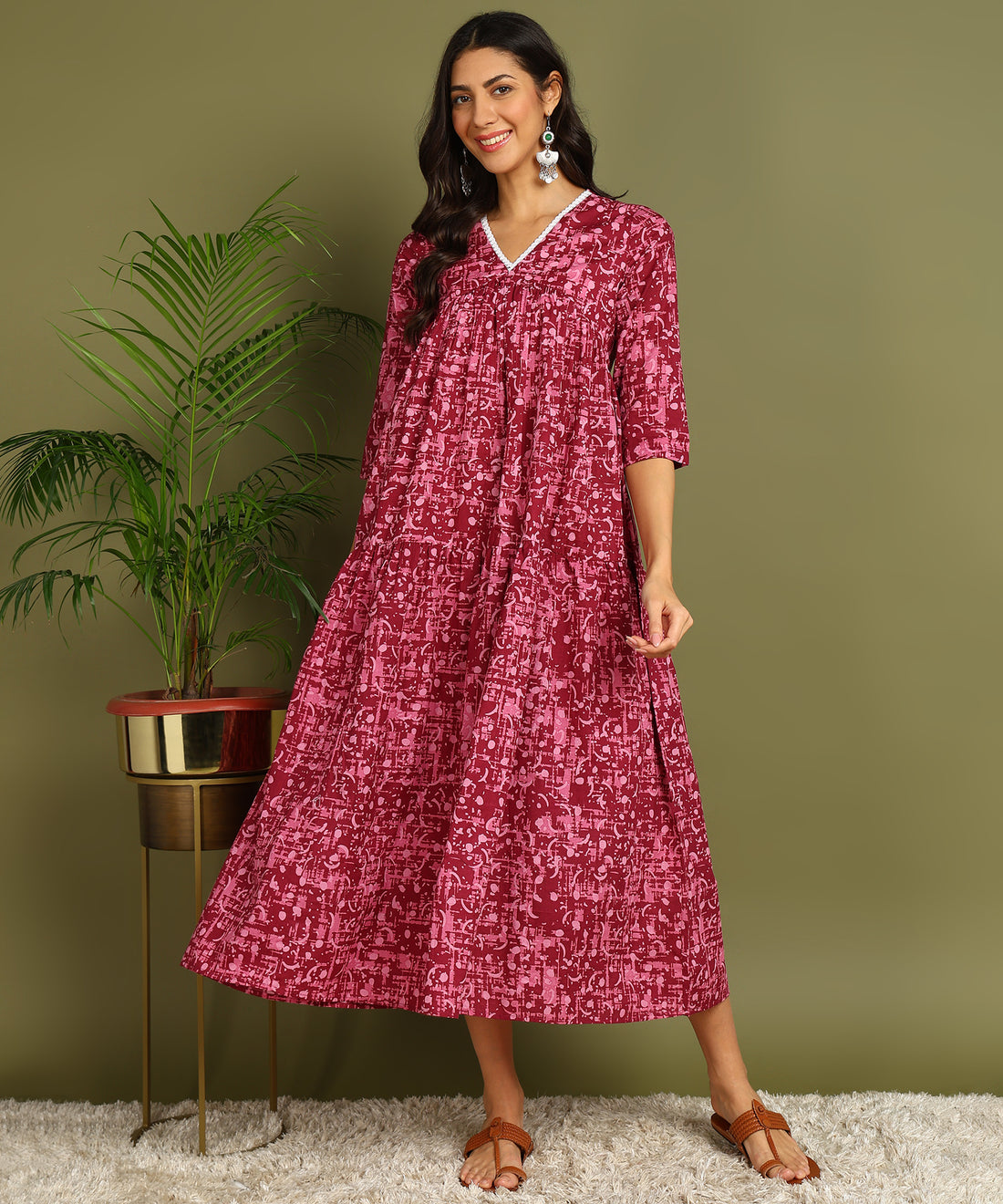 Magenta &amp; Pink Printed Maternity Wear Midi Dress