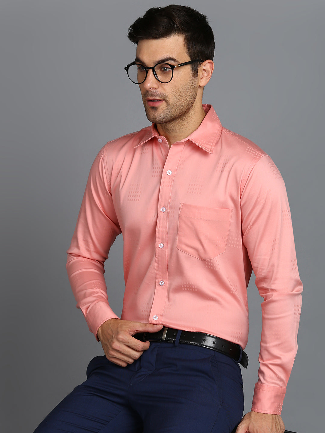 Self Checked Dark Peach Slim Fit Shirt