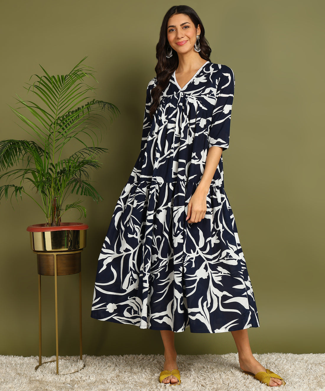 Navy Blue &amp; White Printed Maternity Wear Midi Dress